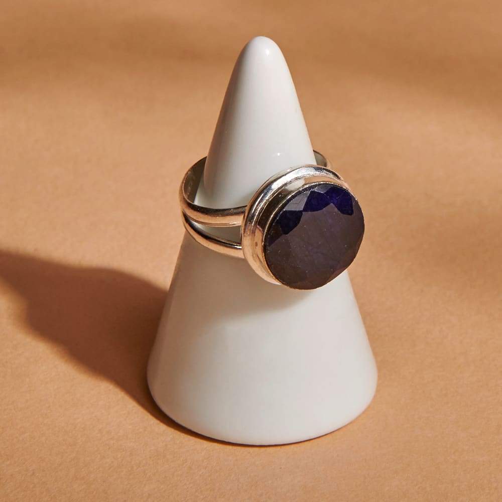 Rings Round Faceted Blue Sapphire Gemstone 925 Sterling Silver Ring Fashion Handmade Jewelry Gift - by NativeFineJewelry