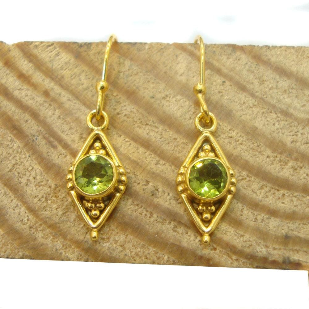 Round Faceted Green Peridot 925 Sterling Silver Gold Plated Dangle Earrings For Gift Dainty earring - by Vidita Jewels