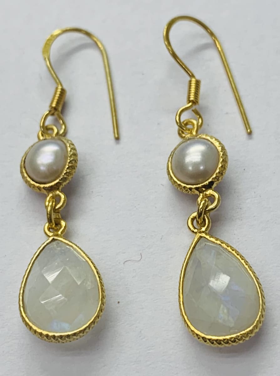 Earrings Round Pearl+Pear Rainbow Stone Earring Sterling Silver Gold Plated - by TJ GEMS