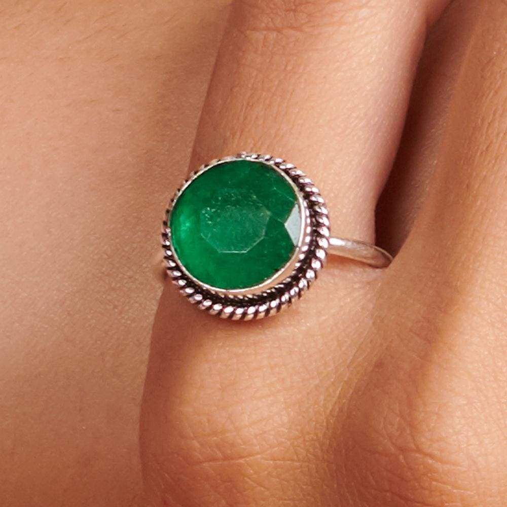 Rings Round Raw Green Emerald 925 Sterling Silver 18K Yellow Gold Rose Filled Ring Handmade in India Gift Jewelry Gemstone ring - by Subham 