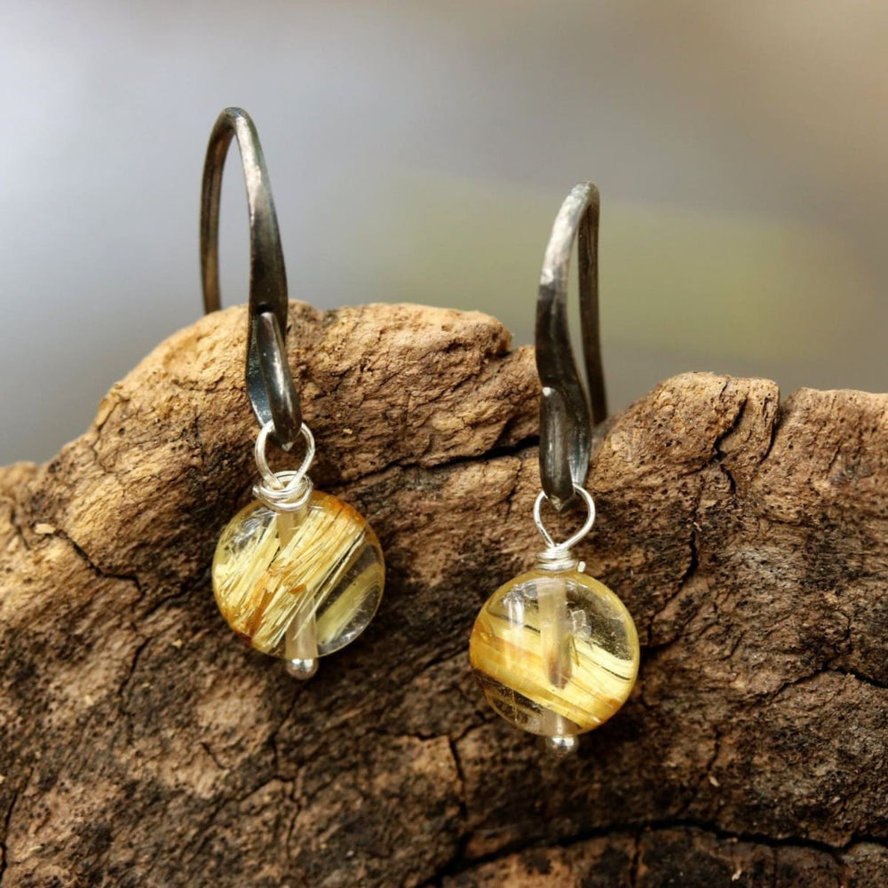 Round Rutilated Quartz Earrings With Oxidized Sterling Silver Hooks - By Metal Studio Jewelry