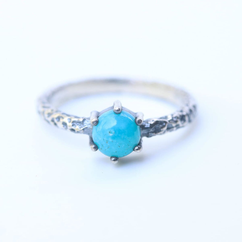 Round Turquoise Ring In Sterling Silver Bezel Oxidized Texture - By Metal Studio Jewelry