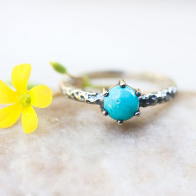 Round Turquoise Ring In Sterling Silver Bezel Oxidized Texture - By Metal Studio Jewelry