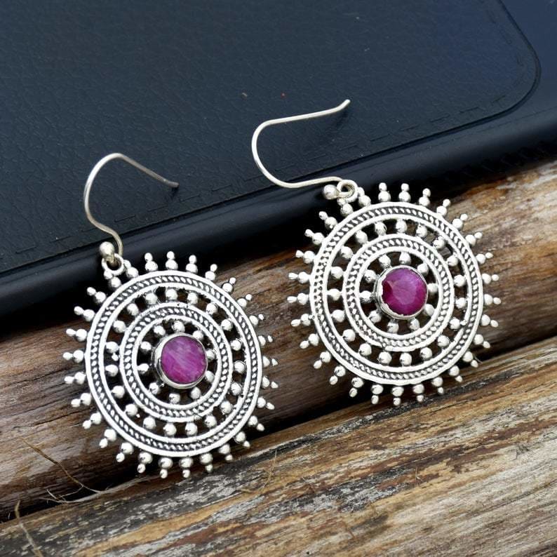 Ruby Earrings Facetted Statement Hoop Filigree Pink Gemstone Handmade Jewelry Gift For Her Ready To Ship - by InishaCreation