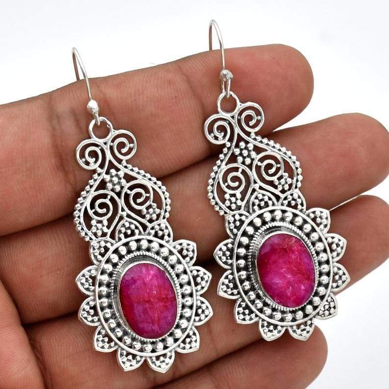 Ruby Statement Earrings Sterling Silver Indian Handmade Filigree Fine Jewelry for Girls Artisan wave jewelry - by InishaCreation