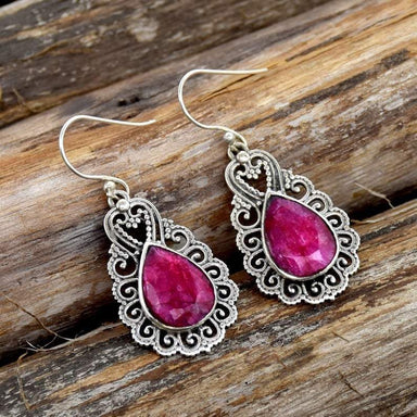 Ruby Statement Earrings Sterling Silver Indian Handmade Filigree Fine Jewelry for Girls Pear wave jewelry - by InishaCreation