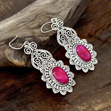 Ruby Statement Earrings Sterling Silver Indian Handmade Filigree Fine Jewelry for Girls Artisan wave jewelry - by InishaCreation