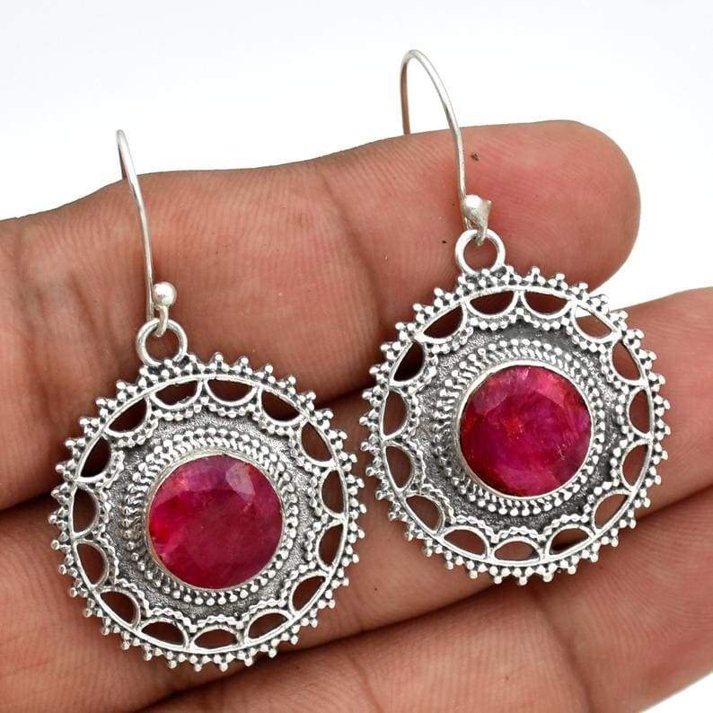 Ruby Earrings Round Cut Sterling Silver Indian Handmade Filigree Fine Jewelry for Girls Artisan jewelry - by InishaCreation