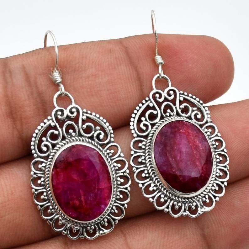 Ruby Designer Earrings Sterling Silver Indian Statement Earring Handmade Filigree Fine Jewelry for Girls Dainty jewelry - by InishaCreation