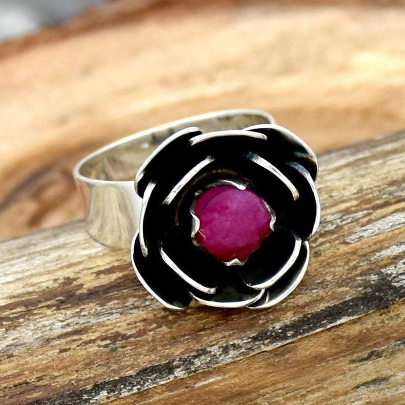 Ruby Ring Flower Natural Vintage July Birthstone Mothers Red Rose Solid Silver - by InishaCreation