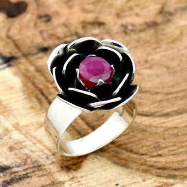 Ruby Ring Flower Natural Vintage July Birthstone Mothers Red Rose Solid Silver - by InishaCreation