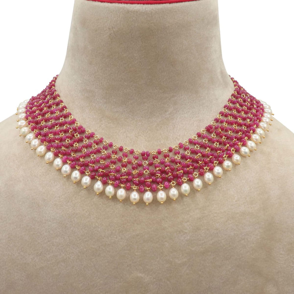 jewelry set Ruby and Pearl Necklace Set Pink Stone bead in Silver Handmade Indian Boho Bollywood - by Vidita Jewels