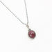 Ruby pendant necklace in silver bezel setting with tiny diamond on the top and oxidized sterling ball style chain - by Metal Studio Jewelry