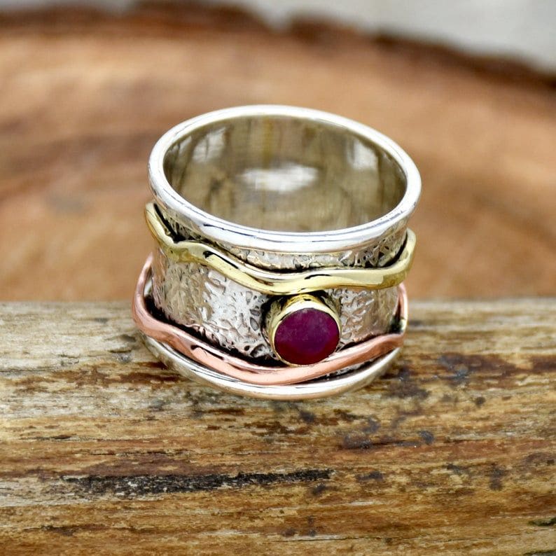rings Ruby Silver Spinner Ring Women 925 Sterling Anniversary Promise Band Anxiety Thumb Fidget - by InishaCreation