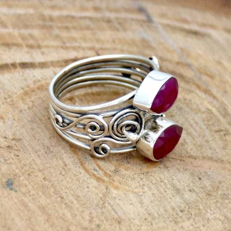 Ruby Solid 925 Sterling Silver Ring For Wedding Engraved Leaves Women Handmade Oval Engagement Gift Jewelry - by InishaCreation