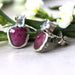 Ruby and tiny oval feacted moonstone stud earrings in silver bezel prongs setting with sterling post backing - by Metal Studio Jewelry