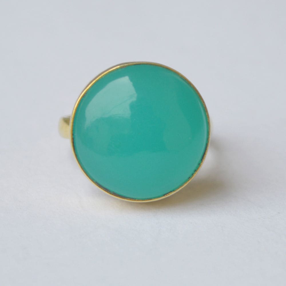 Sea Foam Green Blue Chalcedony Gemstone 925 Sterling Silver Ring Yellow Gold Plated Gift - by Nativefinejewelry