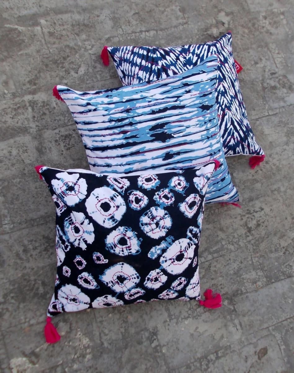 Shibori Diamond Pillow Cover Indigo Print,bright Pink Tassels Standard 16x16 - By Vliving