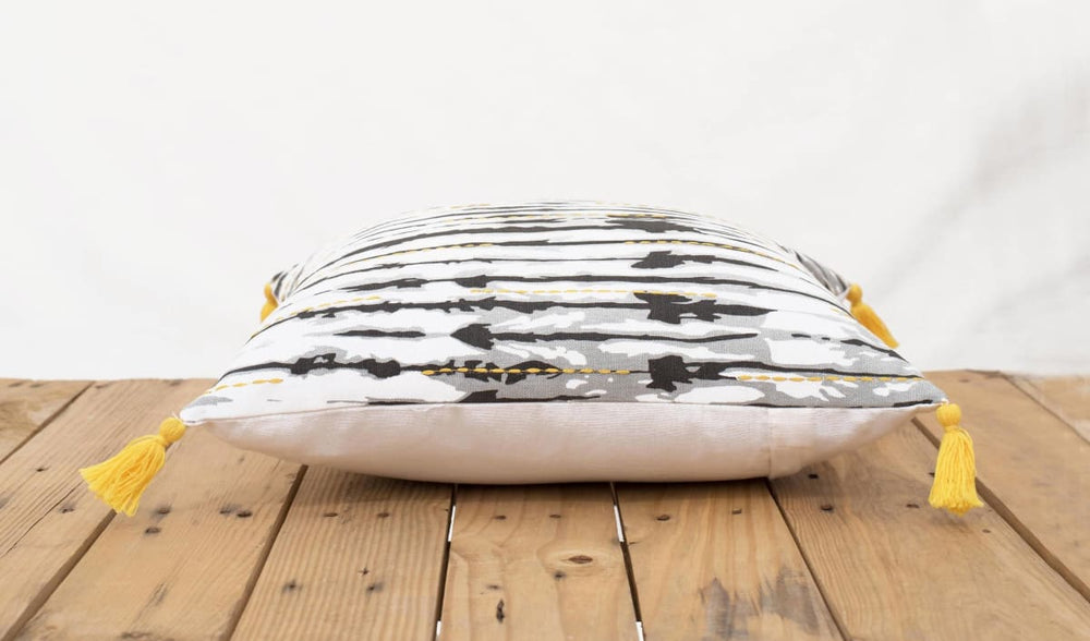 Shibori Stripe Pillow Cover Striped Grey And Yellow Tie Dye Bright Tassels Asian Look Sizes Available. - By Vliving