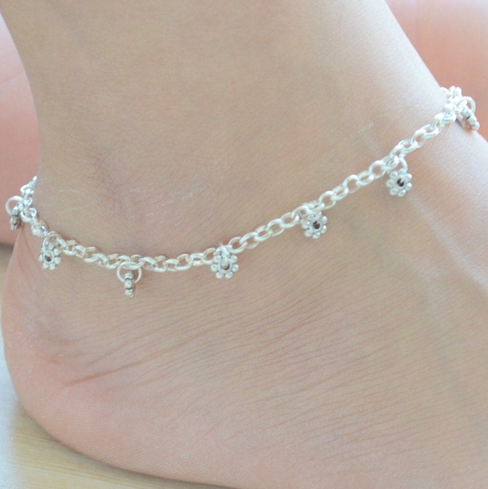 anklets Silver Anklet Dainty Beaded Flower Ankle Bracelet Traditional Indian Payal Gift for Women - by Pretty Ponytails