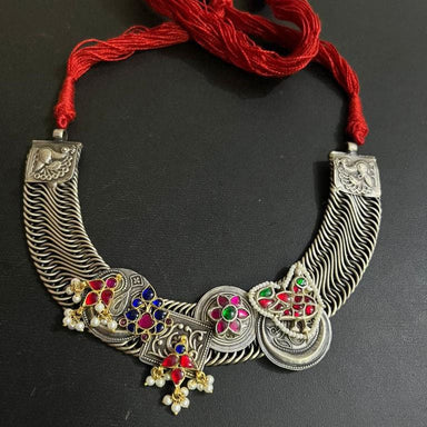 Silver Antique Necklace with Multistone Ruby Necklace// 925 Solid Traditional for Woman - by Vidita Jewels