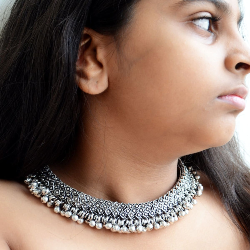 necklaces Silver Choker Necklace Antique Rajasthani Short Indian Ghungroo Neckpiece - by Pretty Ponytails