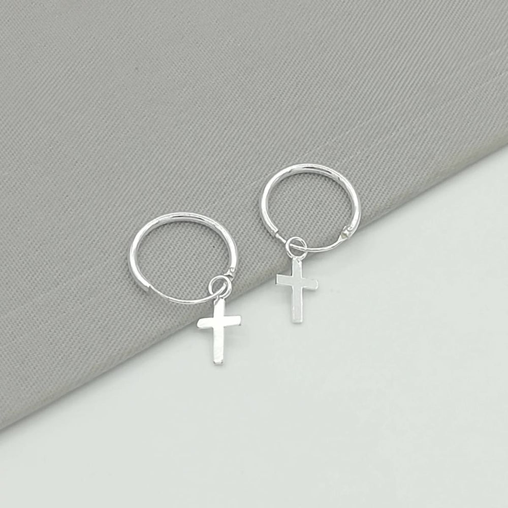 earrings Silver Cross Charm - Minimalist Hoops - 12mm - Religious - Cartilage - Small Hoop Earrings - G21 - by NeverEndingSilver