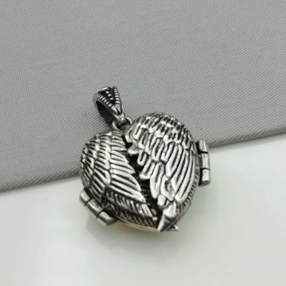 Silver eagle wings locket -Sterling silver oxidized charm - pendant - PD27 - by NeverEndingSilver