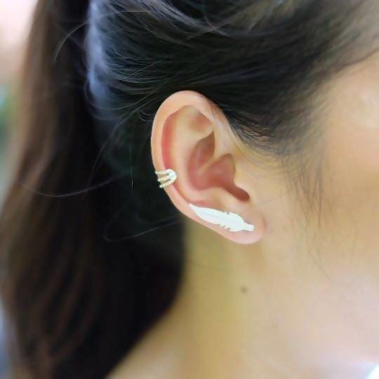 earrings Silver Ear Climber Feather Creeper Earrings Minimalist Earrrings Jewelry (E99) - by OneYellowButterfly