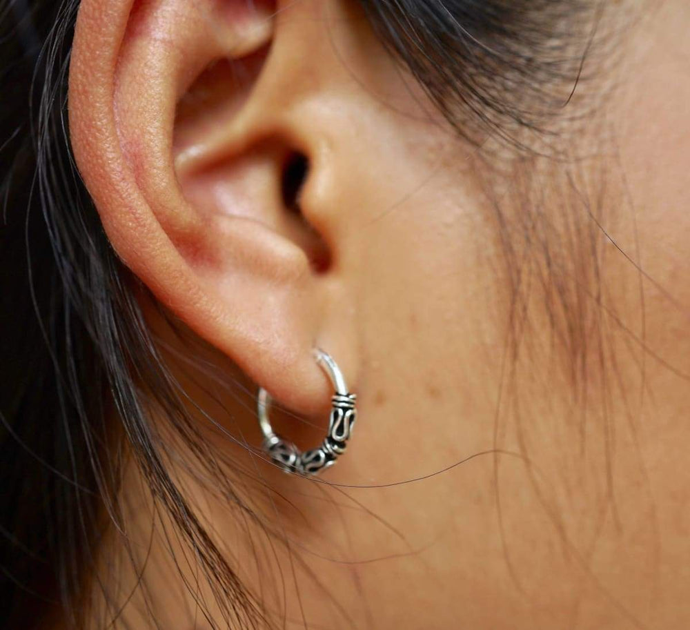 Earrings Silver Ear Hoops 14 mm Bali Oxidized Hoop Indi Style Bohemian Minimal Casual BohoChic (E43)
