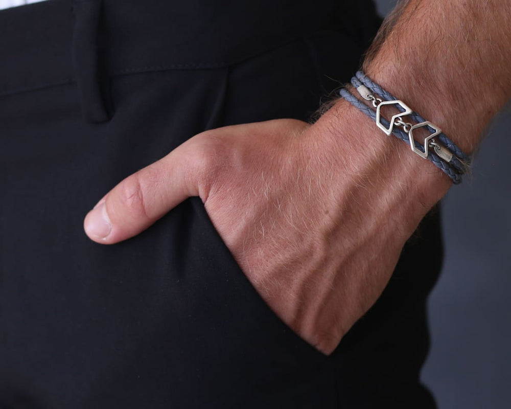 Silver Geometric Charm Bracelet Mens Faux Leather Vegan For Men Gray - By Magoo Maggie Moas