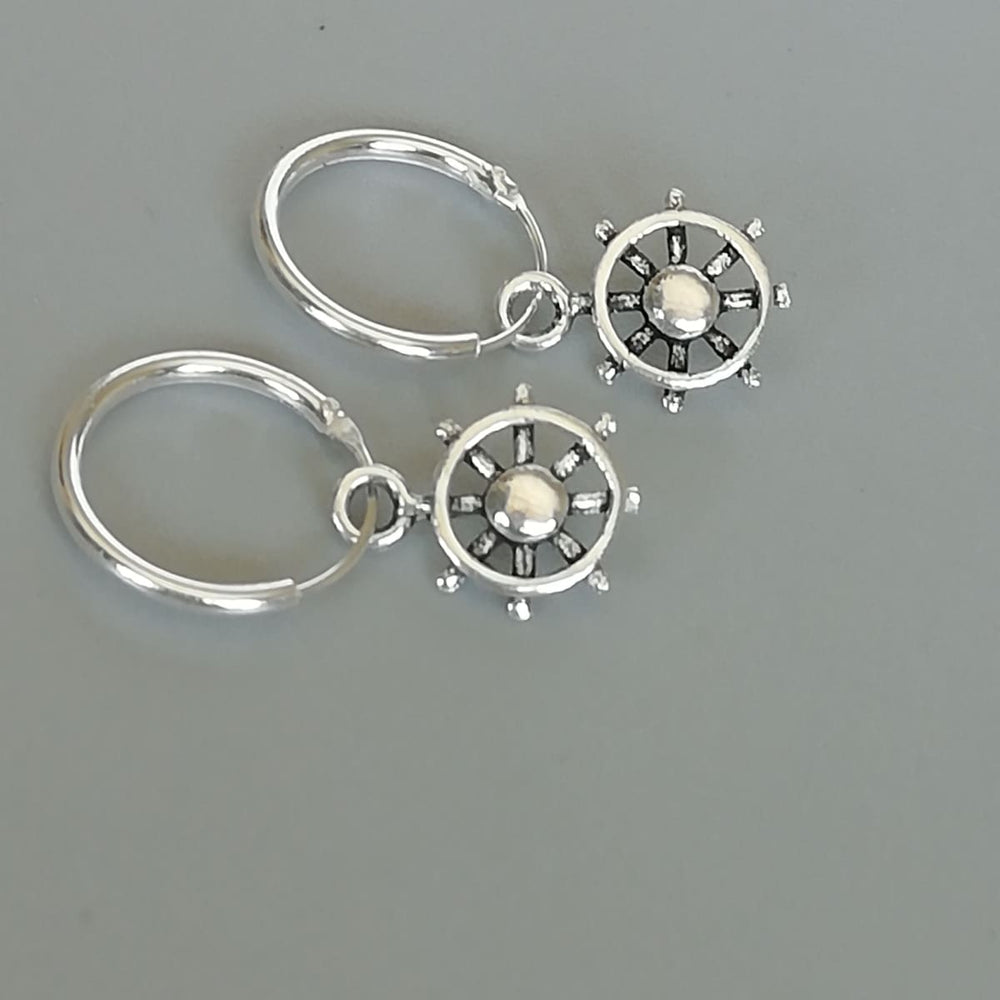 Silver Helm Charm Earrings | Sterling Silver Ear Dangler Hoops | Boho | Ship Steering Wheel | E941 - by Oneyellowbutterfly