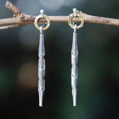 Silver Hexagonal Sticks With Gold Hoop Earrings - By Metal Studio Jewelry