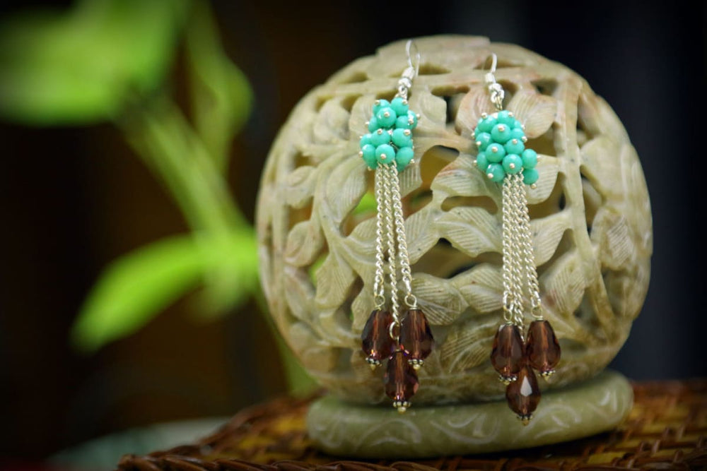 Silver Jewelry Amazonite Earrings Smoky Quartz Handmade Indian For The Festive Season - By Bona Dea