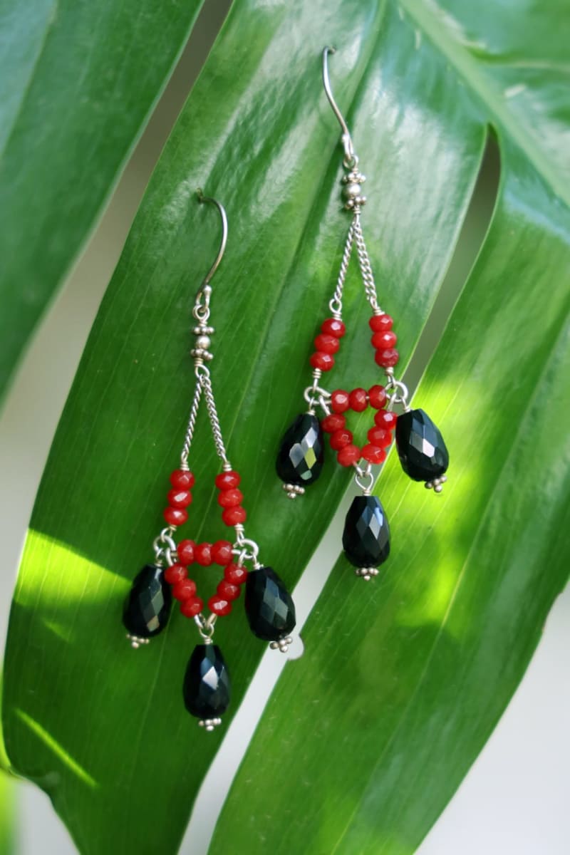 Silver Jewelry Gemstone Handmade Black Spinel Earrings Red Quartz Indian Gift For The Festive Season - By Bona Dea