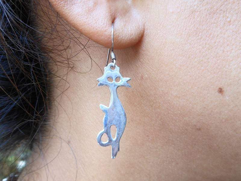 Earrings Silver Kitty Cat Drop Dangle Handmade Women Lover