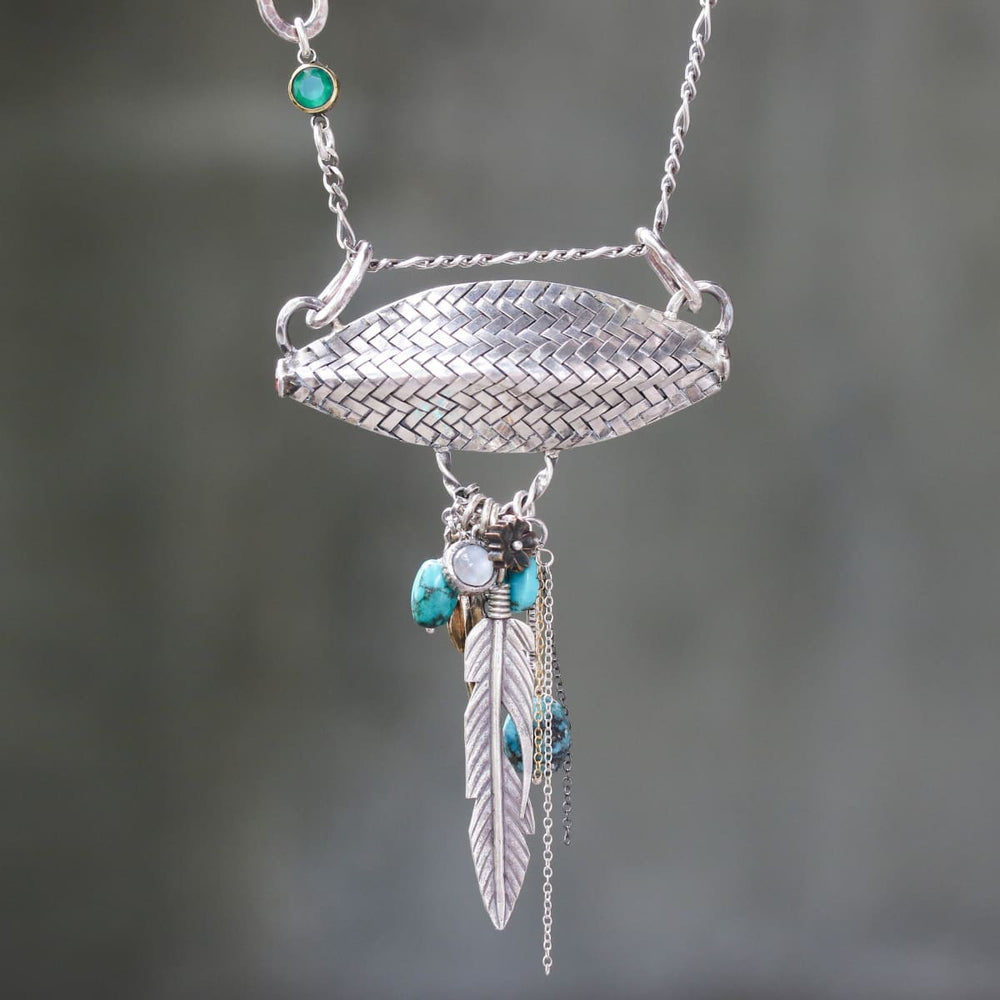 Silver marquis oxidized weaving pendant necklace set with turquoise,moonstone and silver leaf on sterling chain - by Metal Studio Jewelry