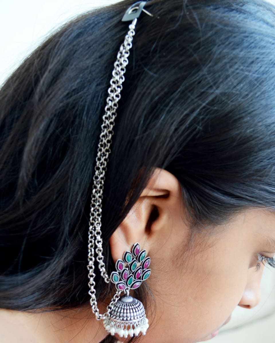 earrings Silver Pearl Ethnic Jhumka Traditional Indian Earrings with Chain Statement Chandelier Cocktail Earring - by Pretty Ponytails