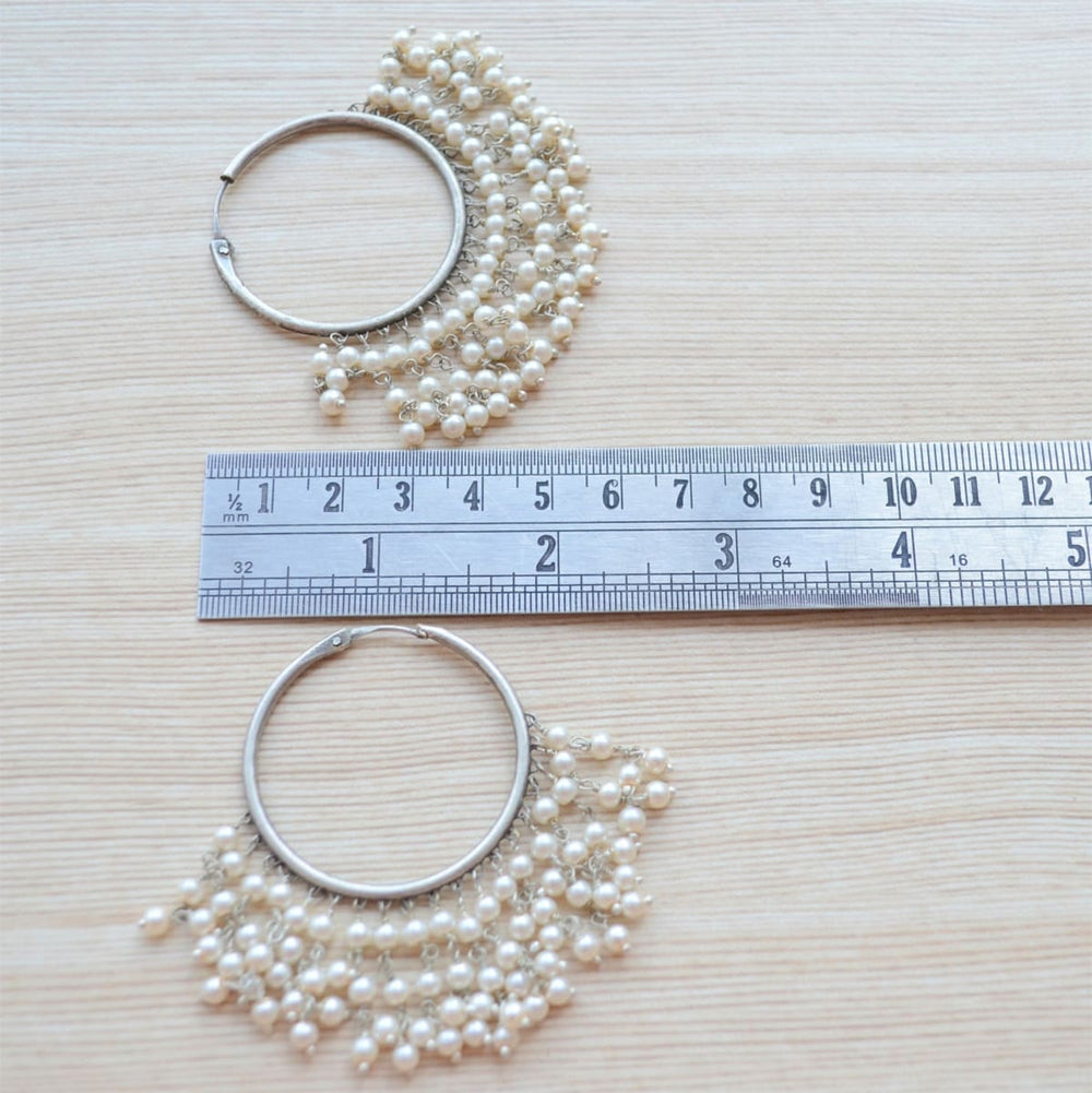 earrings Silver Pearl Hoop Earrings large layered statement circle hoops Indian Jewelry for women - by Pretty Ponytails