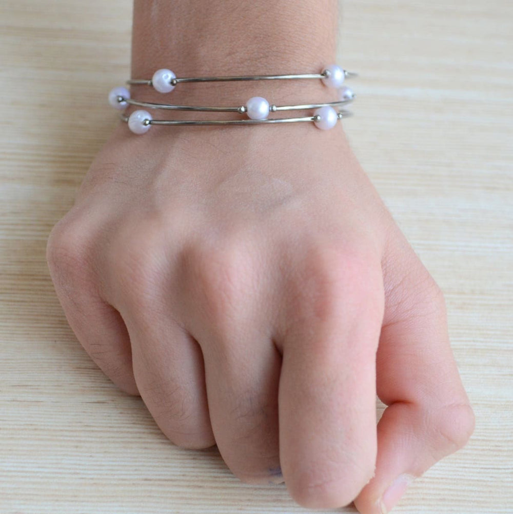 bracelets Silver Pearl Stacking Bangle Bracelets simple Skinny Layering set thin smooth round stackable bangles - by Pretty Ponytails