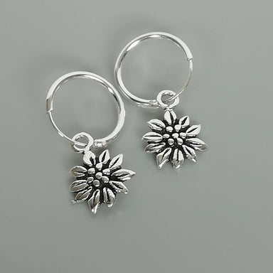 Earrings Silver sunflower charm hoop | Sterling silver ear hoops | Flower | 12 mm earrings | Bohemian jewelry | Gift for her | E393 - by 