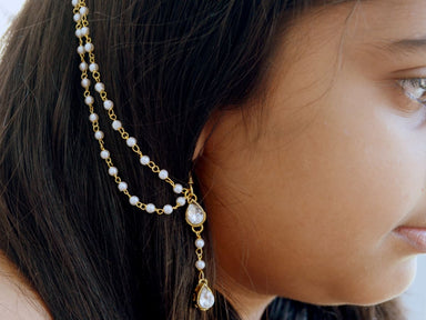 hair accessories Simple Kundan and Pearl Drop Earrings with Ear Chain Classic Indian Sahara - by Pretty Ponytails