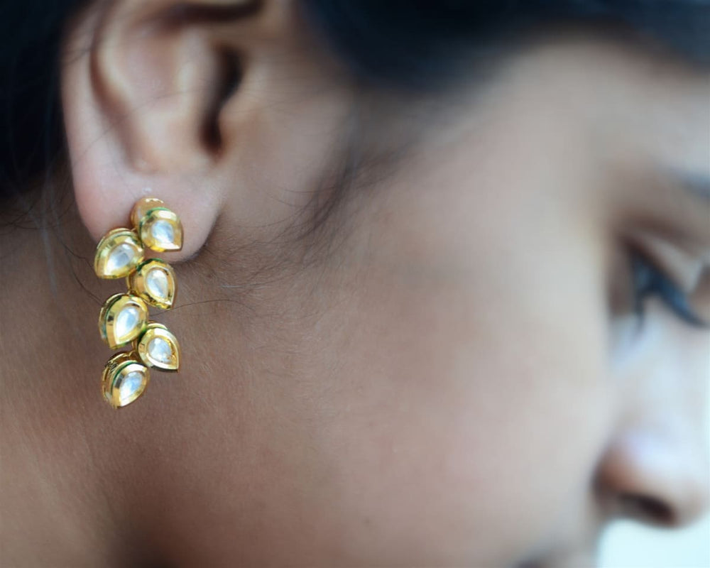 Simple Leaf Dangle Earrings Indian gold jewelry Jaipur Kundan Polki jhumki for weddings - by Pretty Ponytails