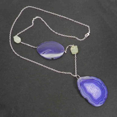 Necklaces Slice Agate and Prehnite Rough Silver Plated Handmade Long Chain Necklace