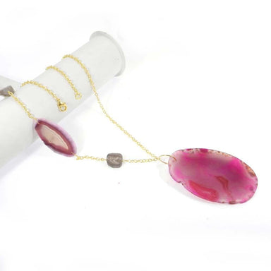 Necklaces Slice Agate and Smoky Rough Gold Plated Handmade Long Chain Necklace