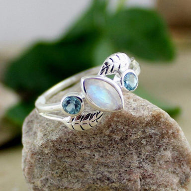 Rings Solid 925 Sterling Silver Jewelry Rainbow Moonstone Blue Topaz ring - by Maya Studio