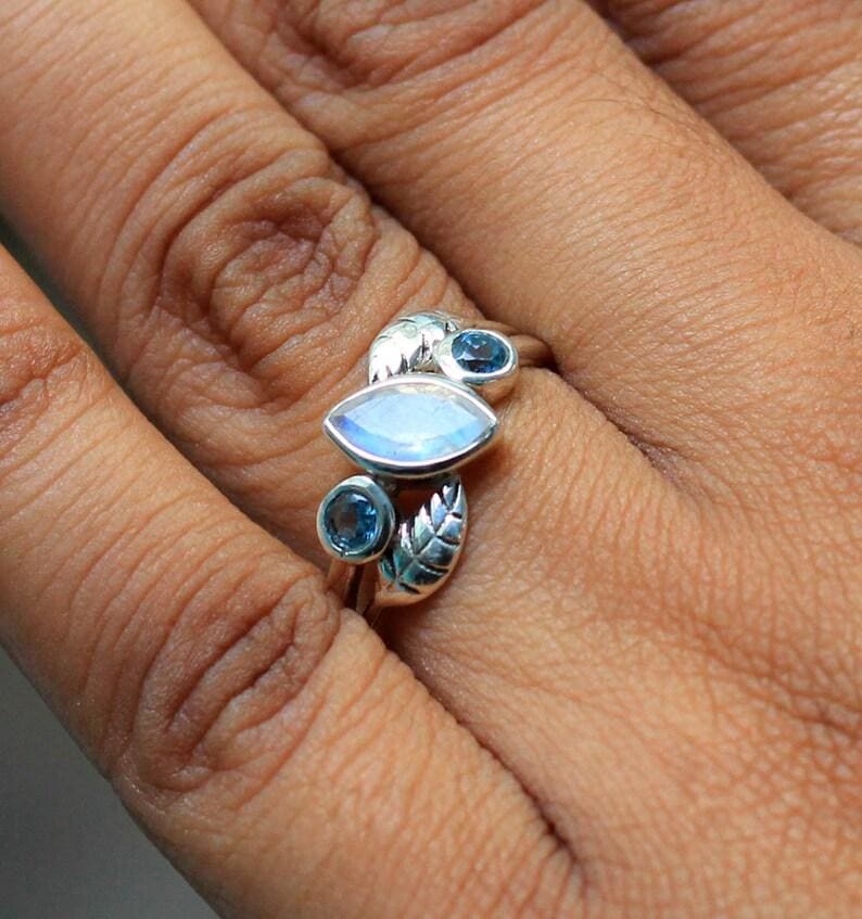 rings Solid 925 Sterling Silver Jewelry Rainbow Moonstone Blue Topaz ring Nickel Free - by Maya Studio