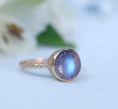solitaire moonstone ring blue flash rainbow wedding women 925 sterling silver hammered birthday gift - by jaipur art jewels