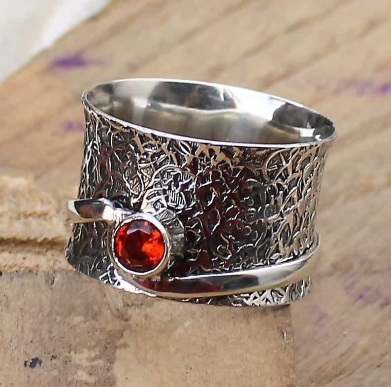 Rings Spinner Ring Garnet Three Bend Anxiety Worry Handmade Meditation Thumb Personalized
