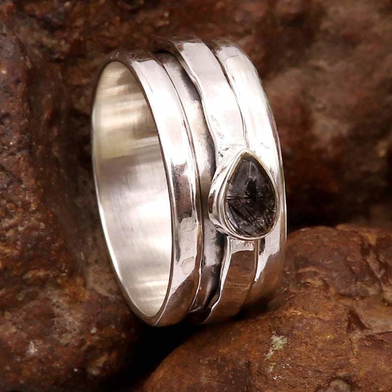 Spinner Ring Rutilated Quartz Solid 925 Sterling Silver Band Meditation Gift Item Statement Wedding All Size Men Women - by InishaCreation